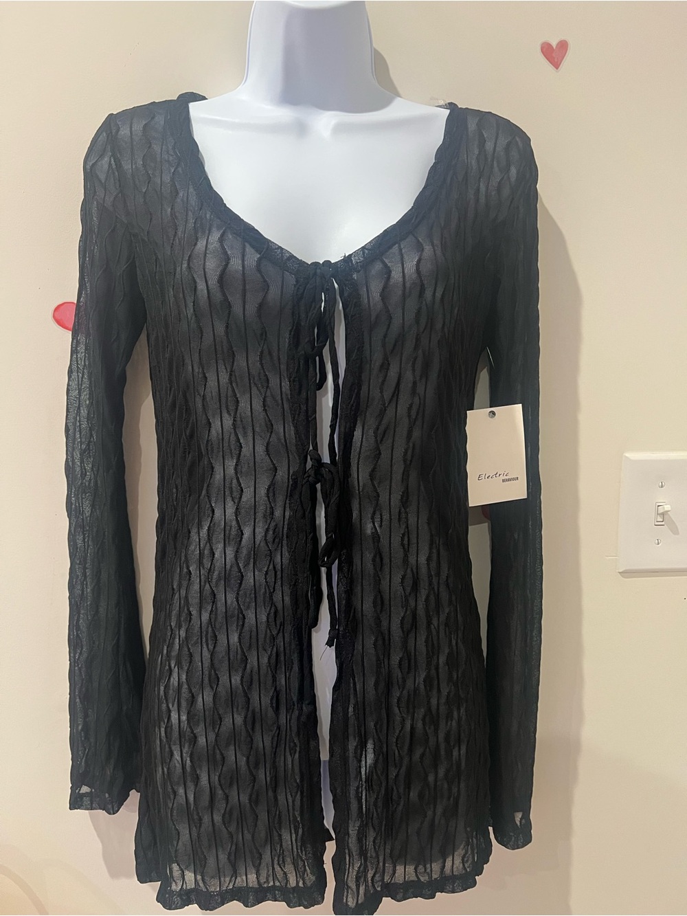 Electric Family Black Sheer Tie-Front Cardigan